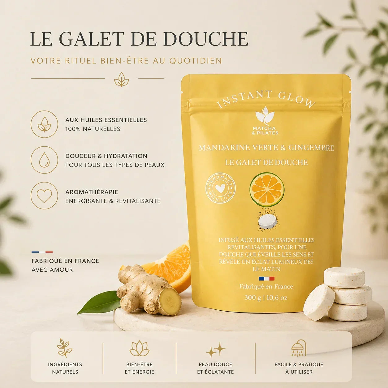 Galet de douche mandarine verte et gingembre, emballage jaune avec tranches de mandarine et racine de gingembre, ingrédients naturels, pour bien-être et aromathérapie.