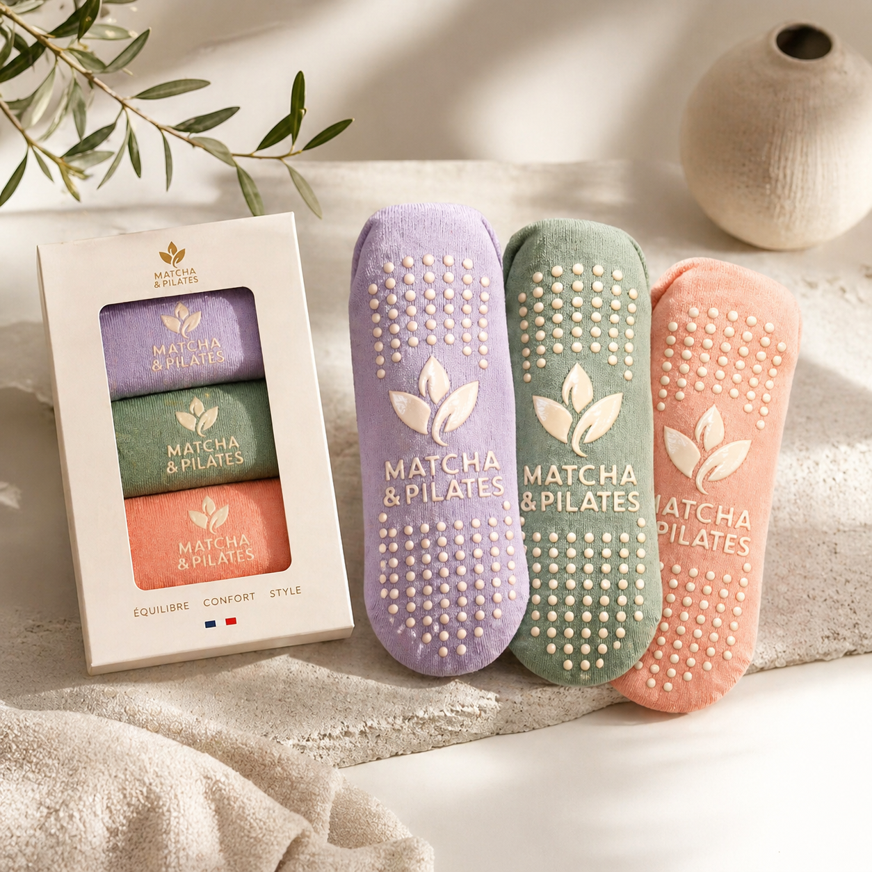Coffret Chaussettes Antidérapantes Pilates – 3 Paires