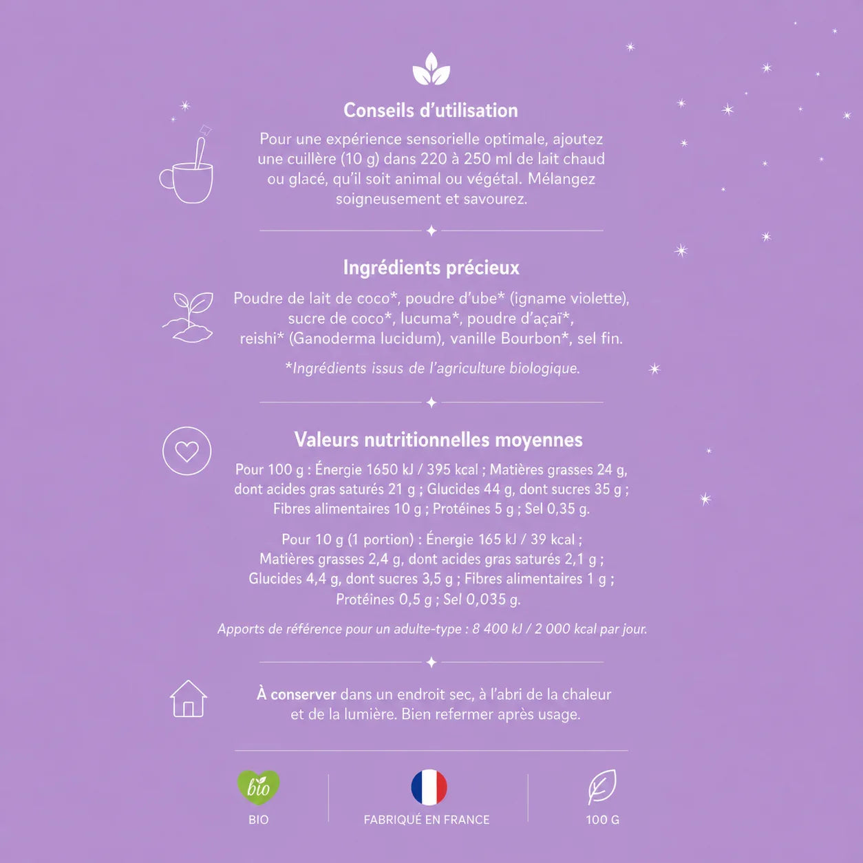 Conseils d'utilisation, ingrédients et valeurs nutritionnelles d'une poudre bien-être bio, fond violet.