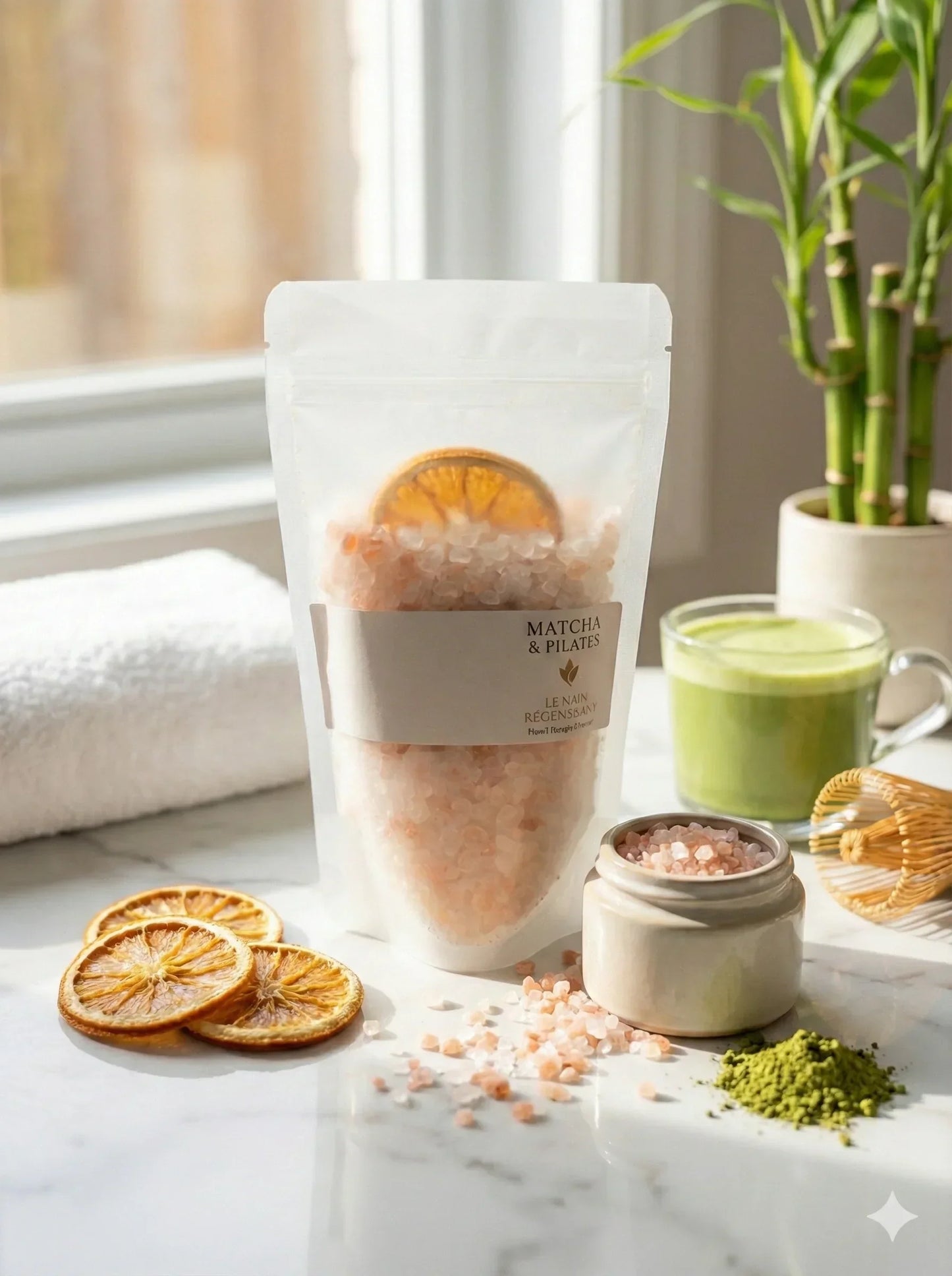 Sels de bain Matcha & Pilates avec rondelles d’orange, matcha et accessoires bien-être sur table lumineuse