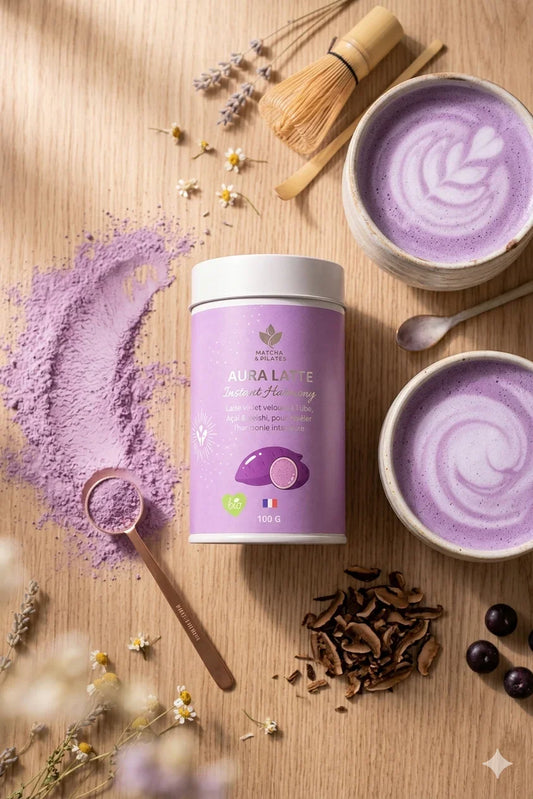 Latte violet en poudre bio, deux tasses latte violette, accessoires matcha, fleurs et champignons