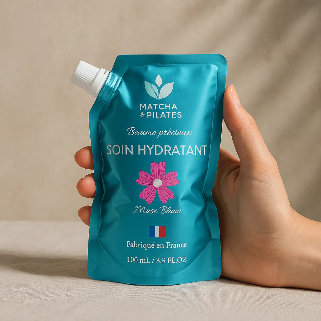 Baume précieux soin hydratant Matcha & Pilates en sachet souple bleu, fabriqué en France, 100ml