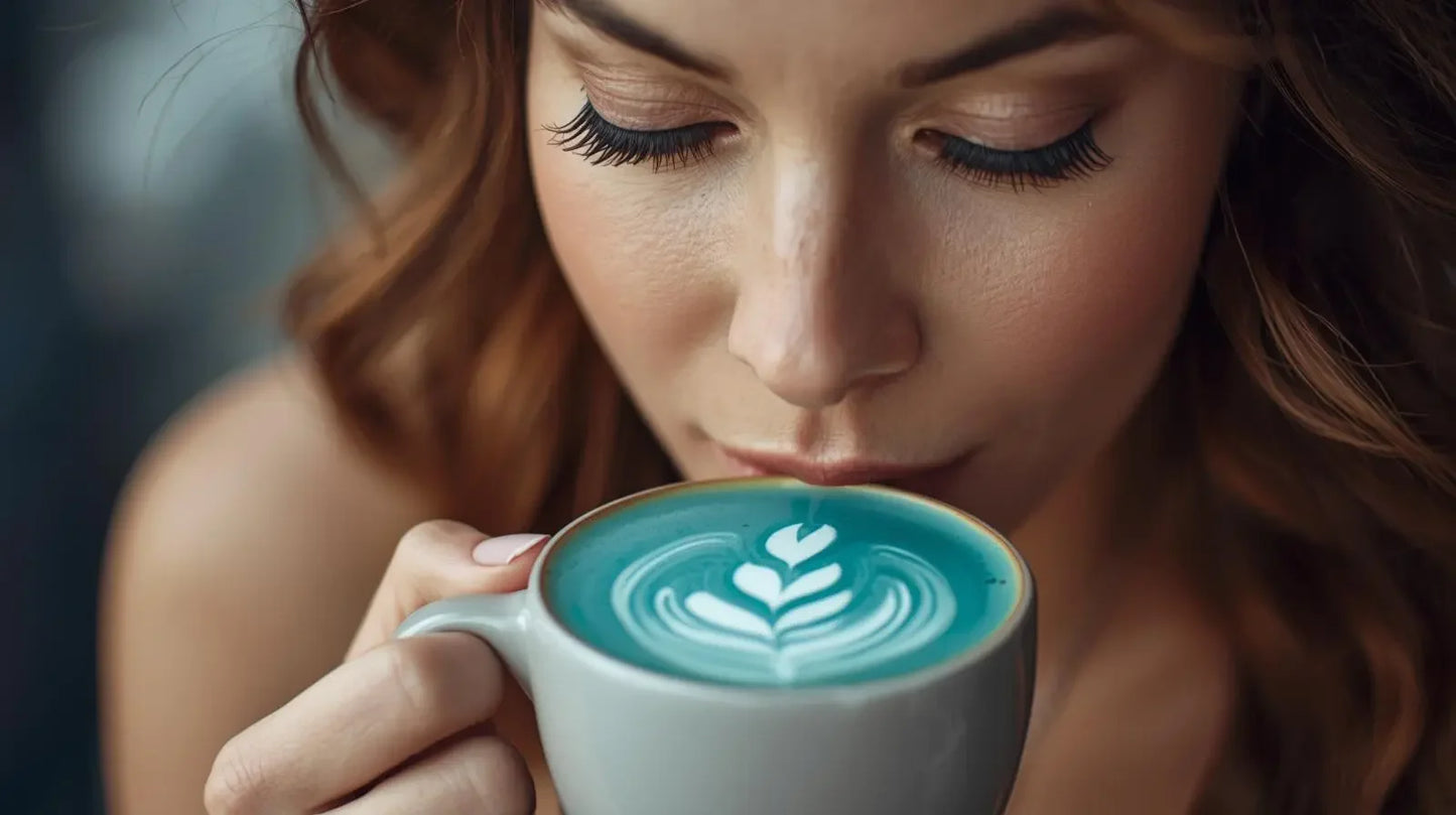 Femme rousse dégustant un latte bleu chaud avec art latte en forme de feuille