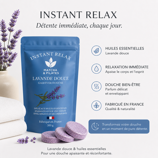 Galets de douche à la lavande douce et huiles essentielles pour une relaxation immédiate.