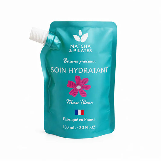 Soin hydratant Matcha & Pilates, baume précieux Musc Blanc, sachet turquoise 100 ml fabriqué en France