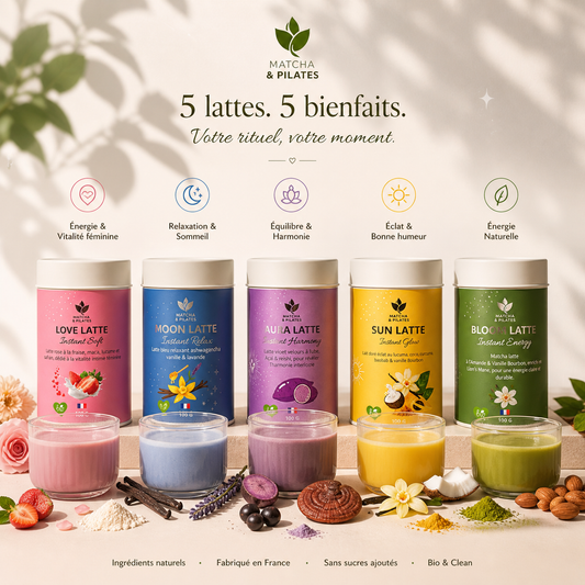 Gamme de 5 lattes bien-être : Love, Moon, Aura, Sun et Bloom Latte pour l'énergie et la relaxation.