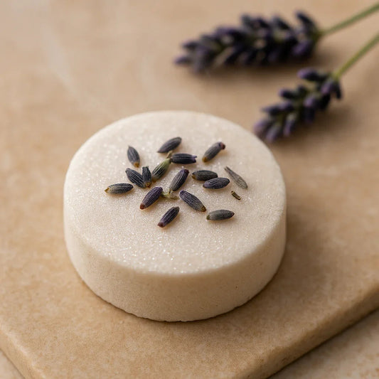 Savon artisanal naturel aux fleurs de lavande sur support en pierre.