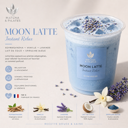 Moon Latte bleu à la spiruline, lavande et ashwagandha pour la relaxation et le sommeil.