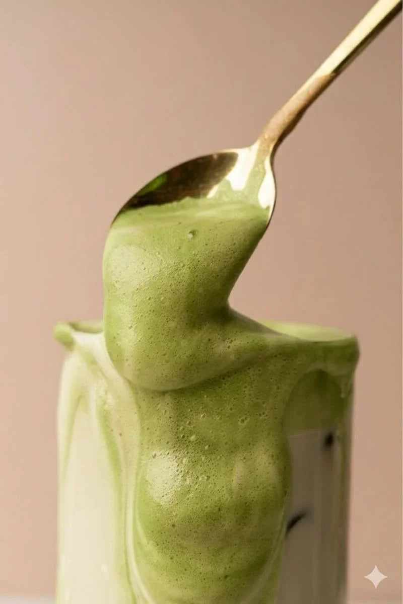 Matcha latte mousseux et onctueux servi dans un verre avec une cuillère dorée.