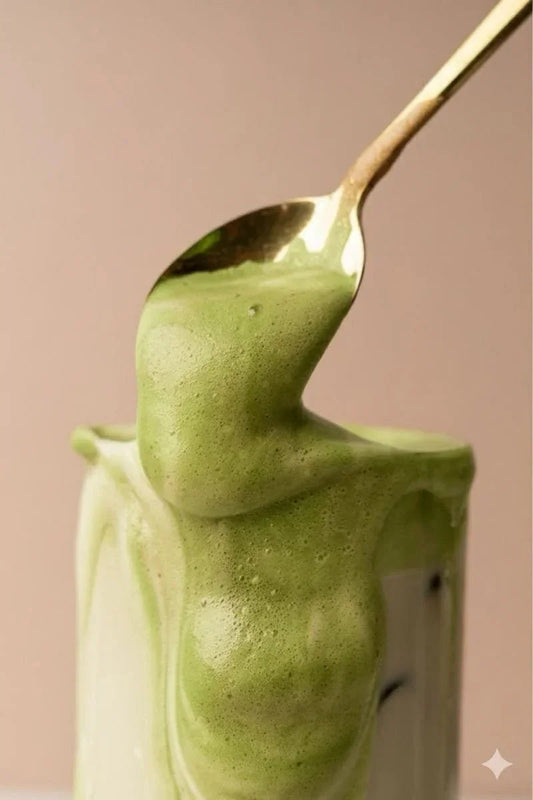 Matcha latte mousseux et onctueux servi dans un verre avec une cuillère dorée.