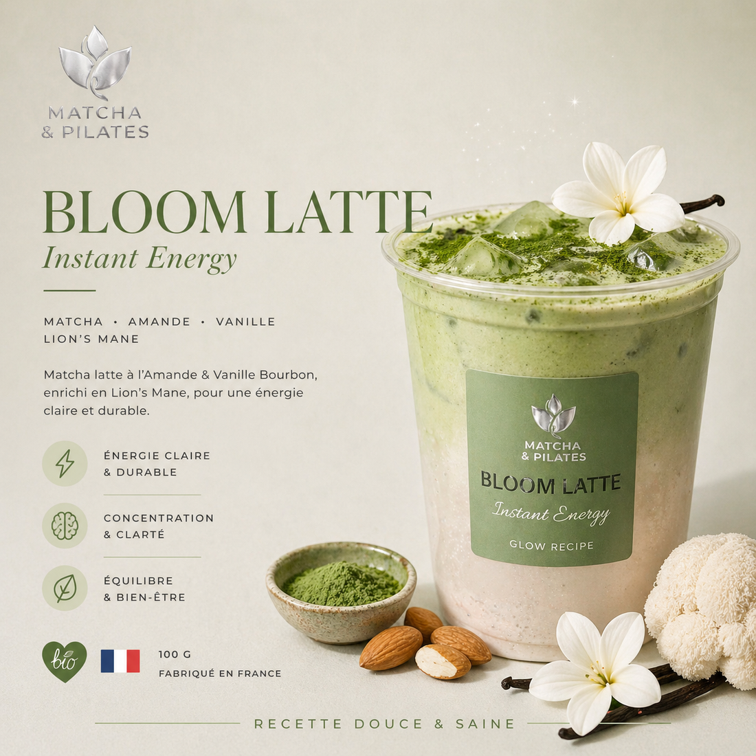 Bloom Latte au matcha, amande et vanille avec Lion's Mane pour une énergie durable.