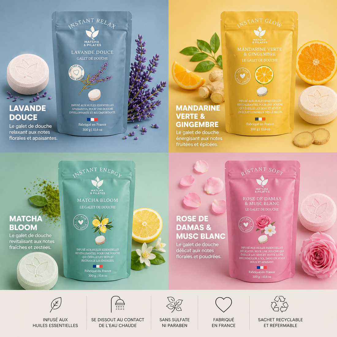 Lot de galets de douche parfumés aux huiles essentielles : lavande, mandarine, matcha et rose.