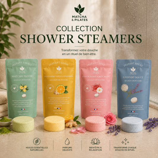 Collection de galets de douche parfumés aux huiles essentielles pour un rituel bien-être.