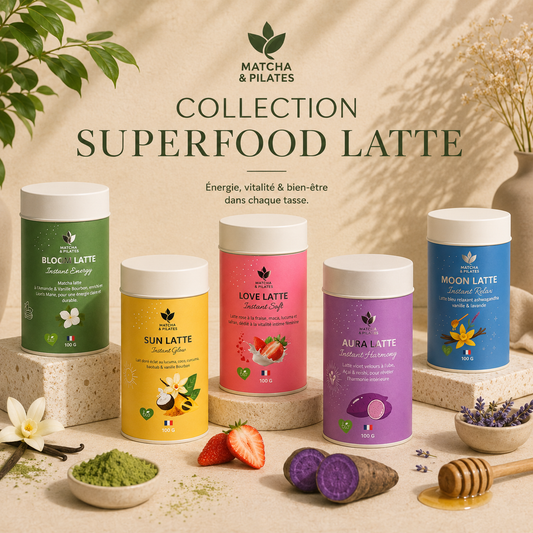 Collection de superfood lattes Matcha & Pilates : Bloom, Sun, Love, Aura et Moon Latte.