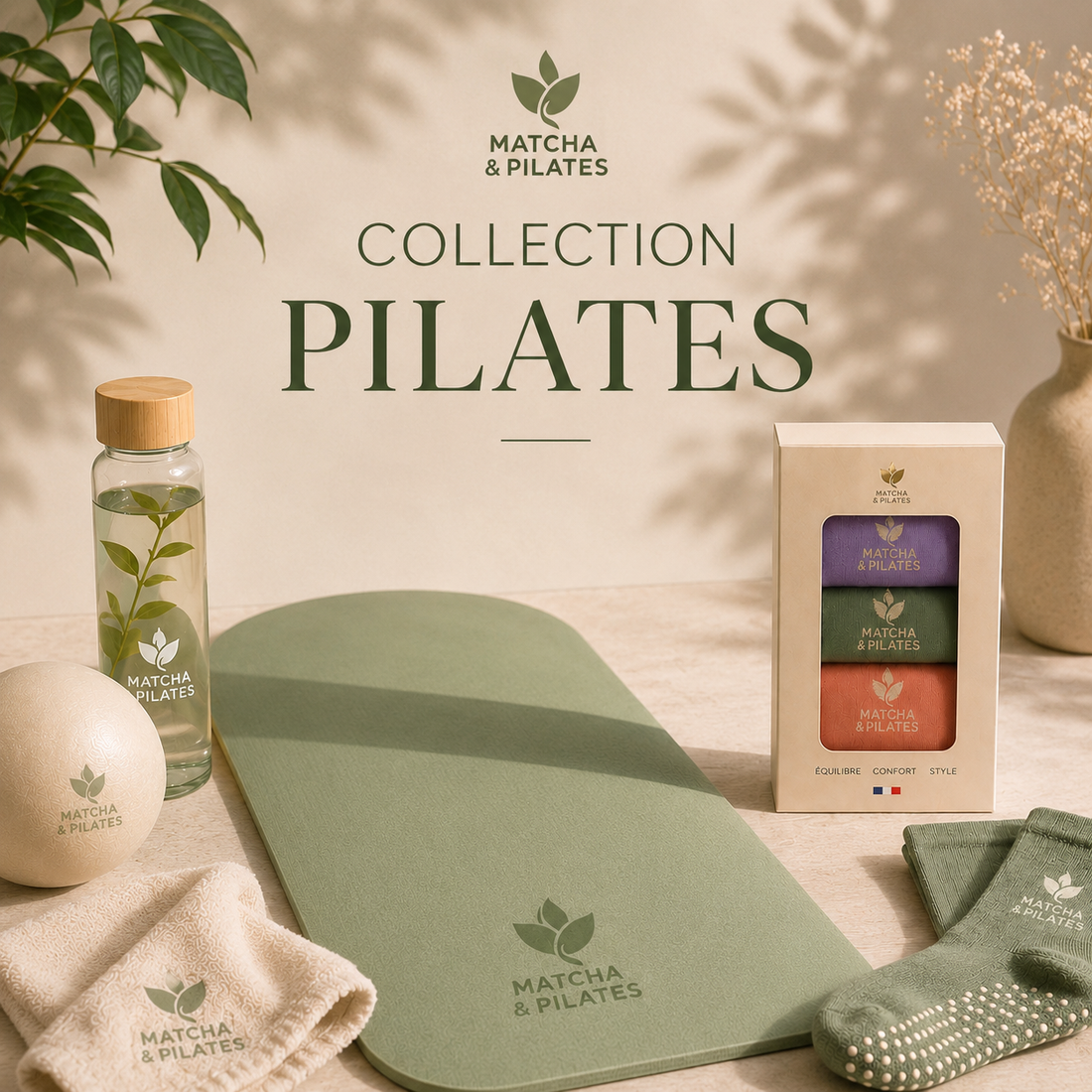 Accessoires de pilates : tapis de yoga vert, balle de fitness et chaussettes antidérapantes.