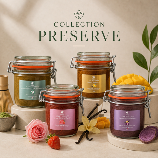Assortiment de confitures artisanales Collection Preserve avec fruits frais et vanille.