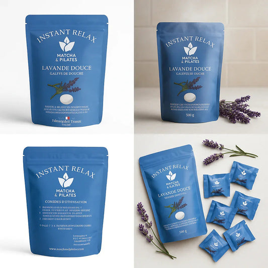 Galets de douche lavande douce Matcha & Pilates, sachets bleus posés avec brins de lavande