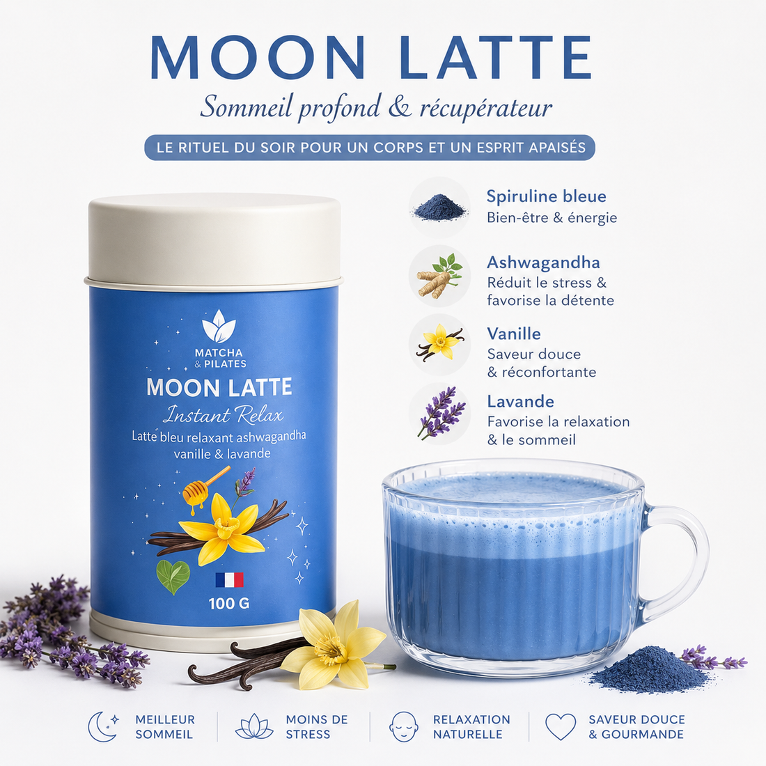 Boîte de Moon Latte à la spiruline bleue, ashwagandha, vanille et lavande pour le sommeil.