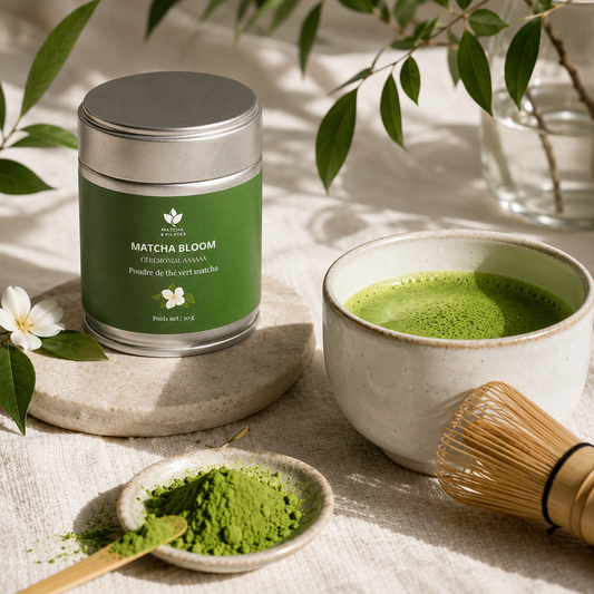 Boîte de matcha cérémonial Matcha Bloom et bol de thé vert préparé sur une table en lin.