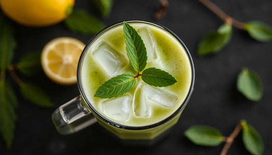 Latte matcha glacé avec glaçons et feuilles de menthe fraîche sur fond noir.
