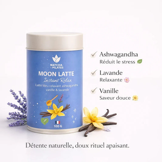 Boîte de Moon Latte Instant Relax à l'ashwagandha, vanille et lavande pour la détente.