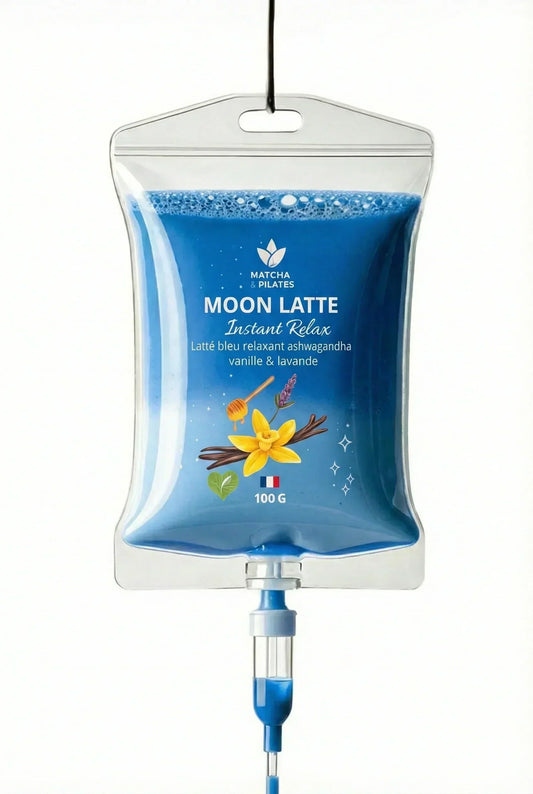 Sachet de Moon Latte Instant Relax, boisson bleue à l'ashwagandha, vanille et lavande.
