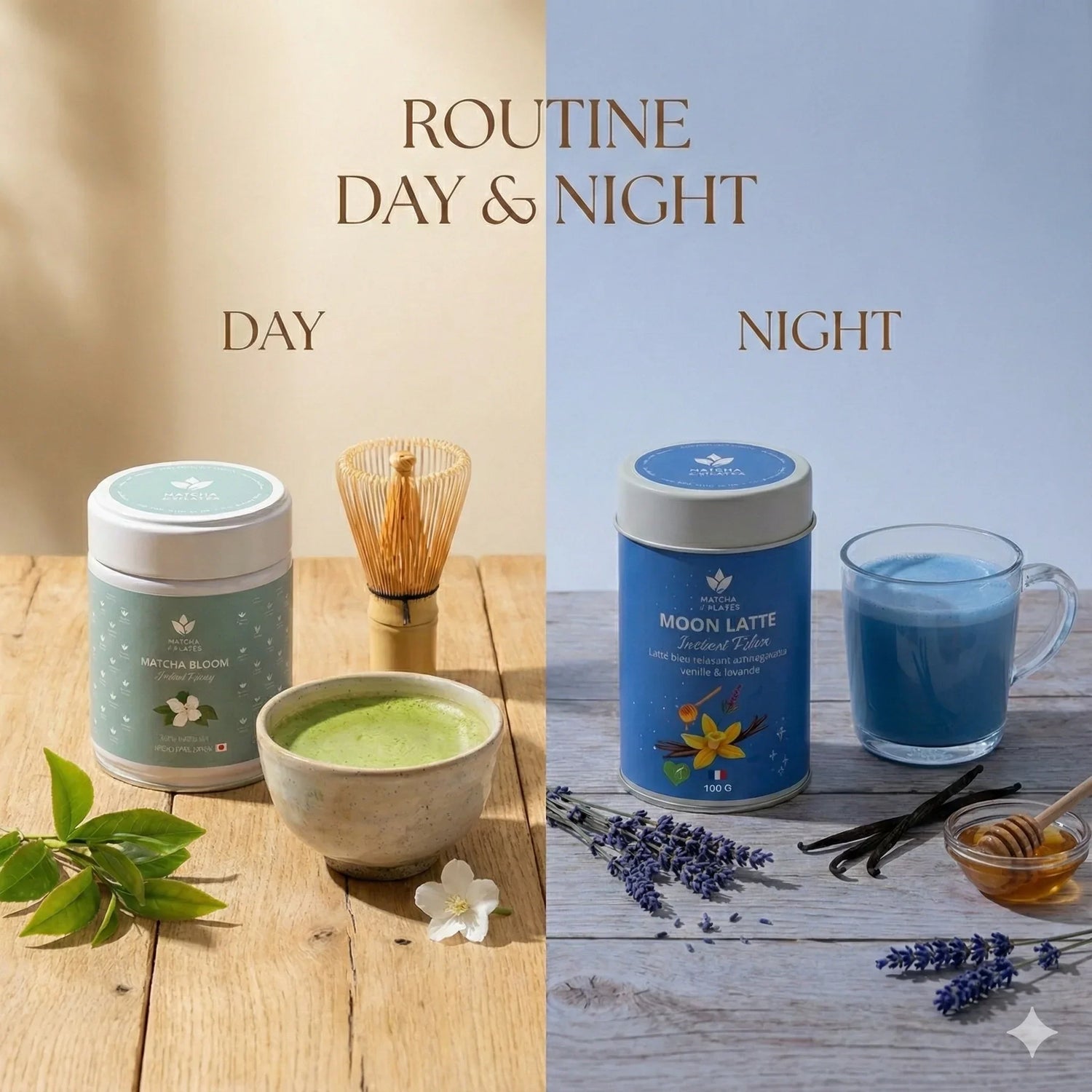 Routine jour et nuit avec Matcha Bloom vert et Moon Latte bleu sur table en bois, fleurs et accessoires bien-être