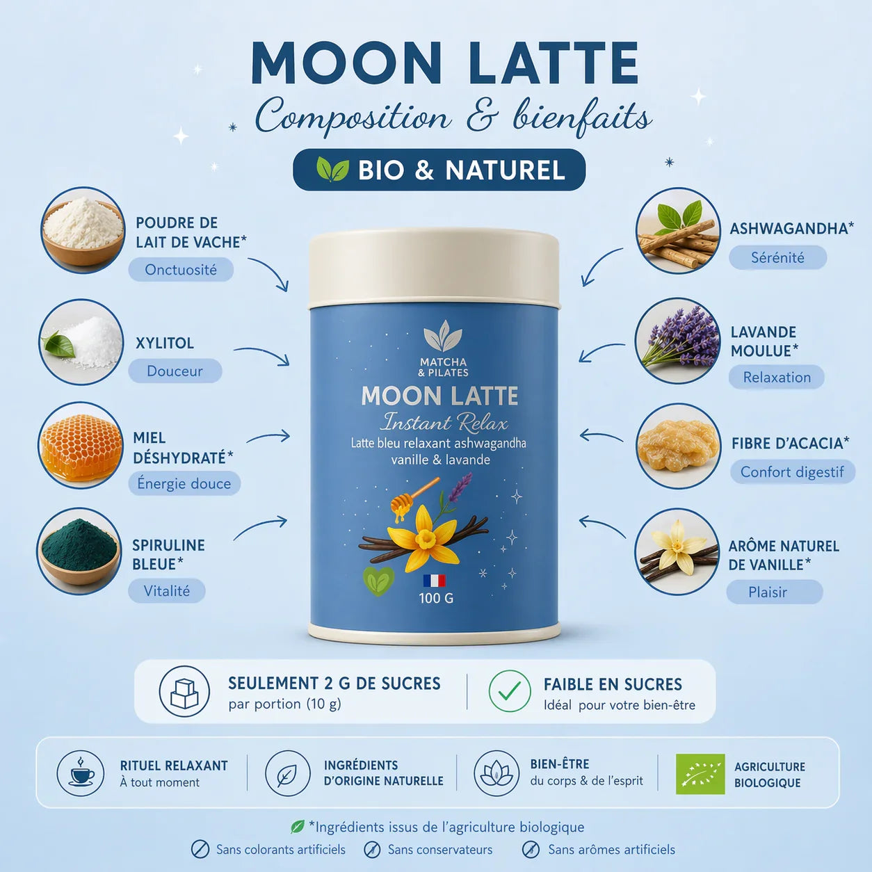 Boîte de Moon Latte bio instantané vanille lavande, ingrédients naturels et bienfaits présentés.