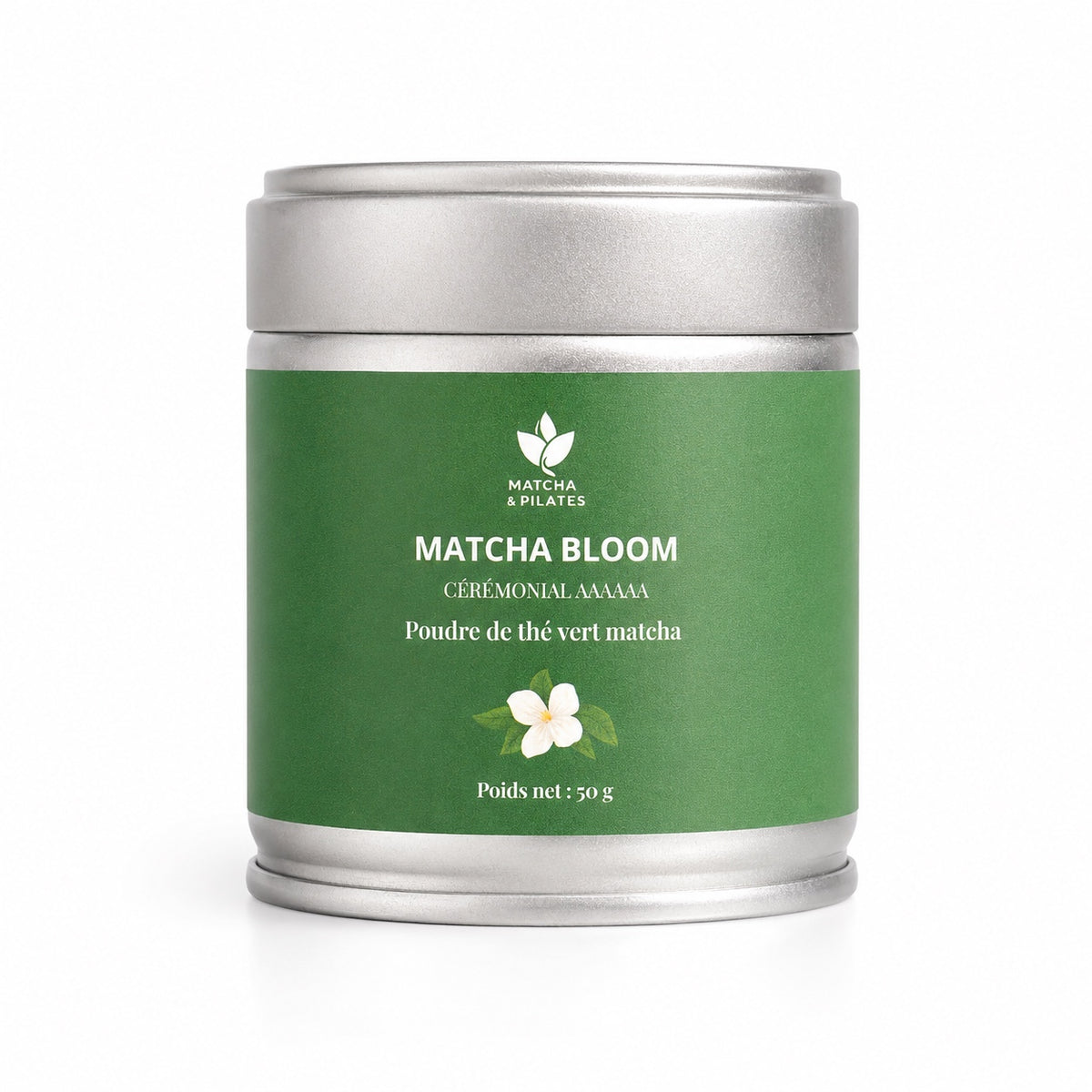 Boîte de thé vert matcha cérémonial Matcha Bloom de 50g sur fond blanc.
