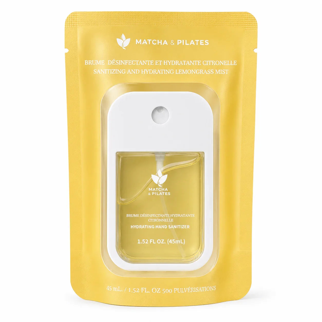 Brume désinfectante et hydratante à la citronnelle, spray main 45ml dans un sachet jaune.