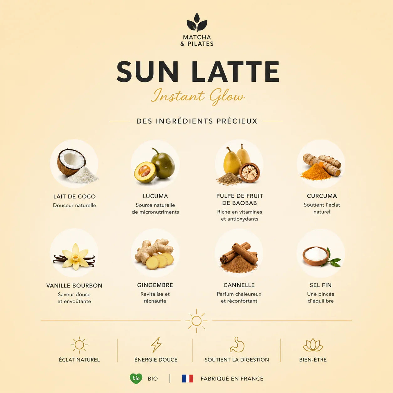 Visuel Sun Latte Instant Glow avec ingrédients naturels : lait de coco, lucuma, baobab, curcuma, vanille, gingembre, cannelle, sel fin, bien-être bio.