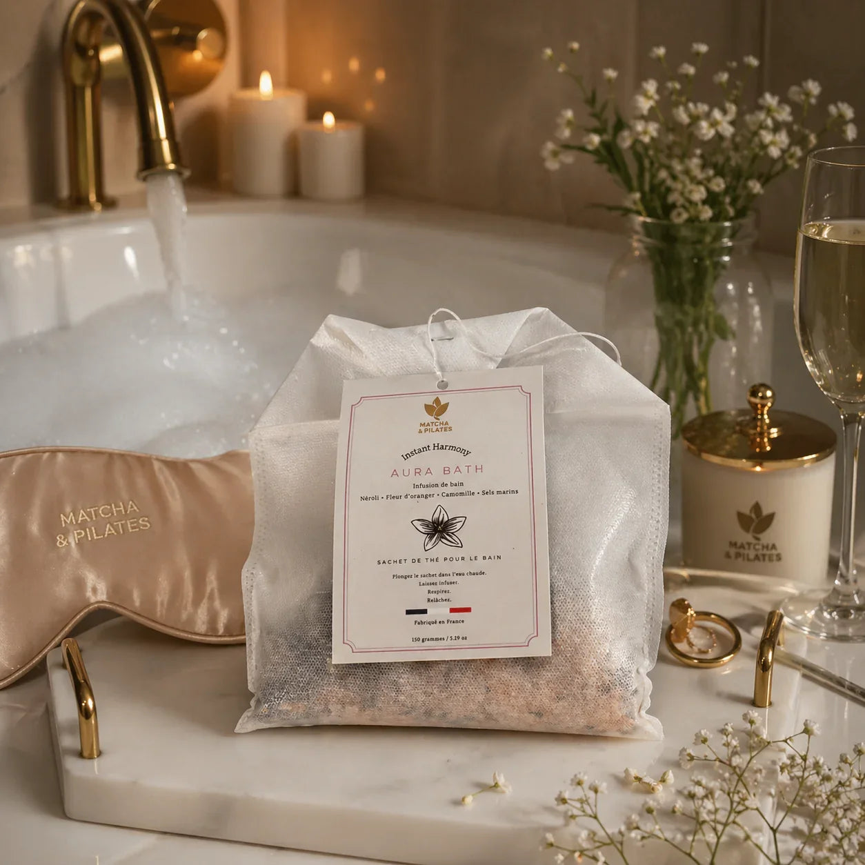 Sachet infusion bain bien-être avec accessoires, bougie, fleurs et masque satin sur baignoire