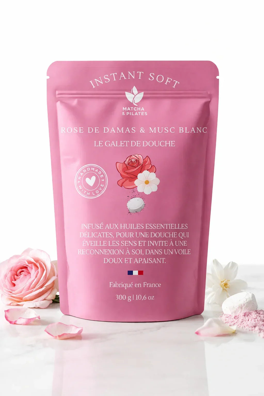 Sachet rose galet de douche Rose de Damas et musc blanc, huiles essentielles bien-être.
