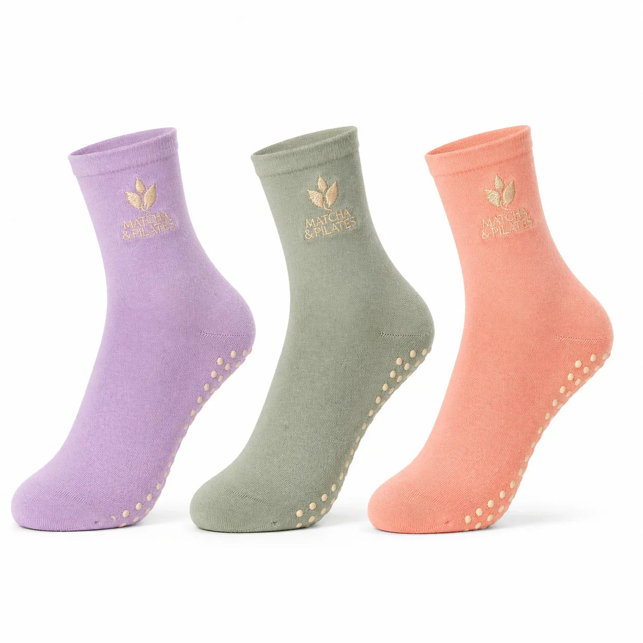 Chaussettes antidérapantes pour pilates en mauve, vert et corail, logo brodé, accessoires bien-être