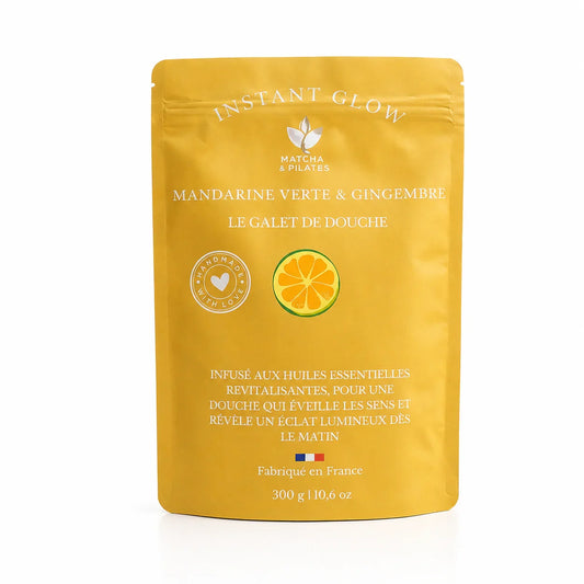 Sachet jaune de galet de douche mandarine verte et gingembre, soin bien-être fabriqué en France.