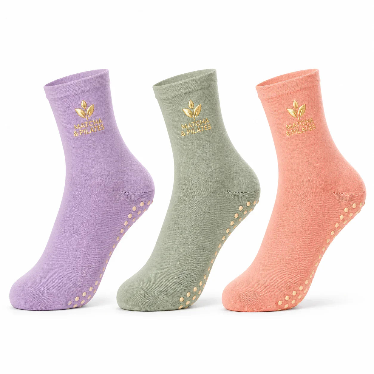 Chaussettes antidérapantes pilates en violet, vert et rose, logo brodé, fond blanc