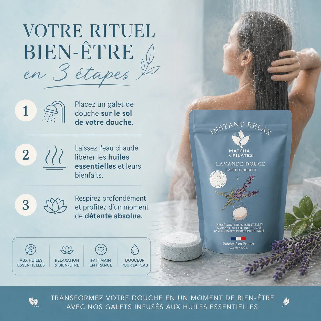 Femme sous la douche utilisant un galet de douche lavande douce aux huiles essentielles pour bien-être et relaxation.