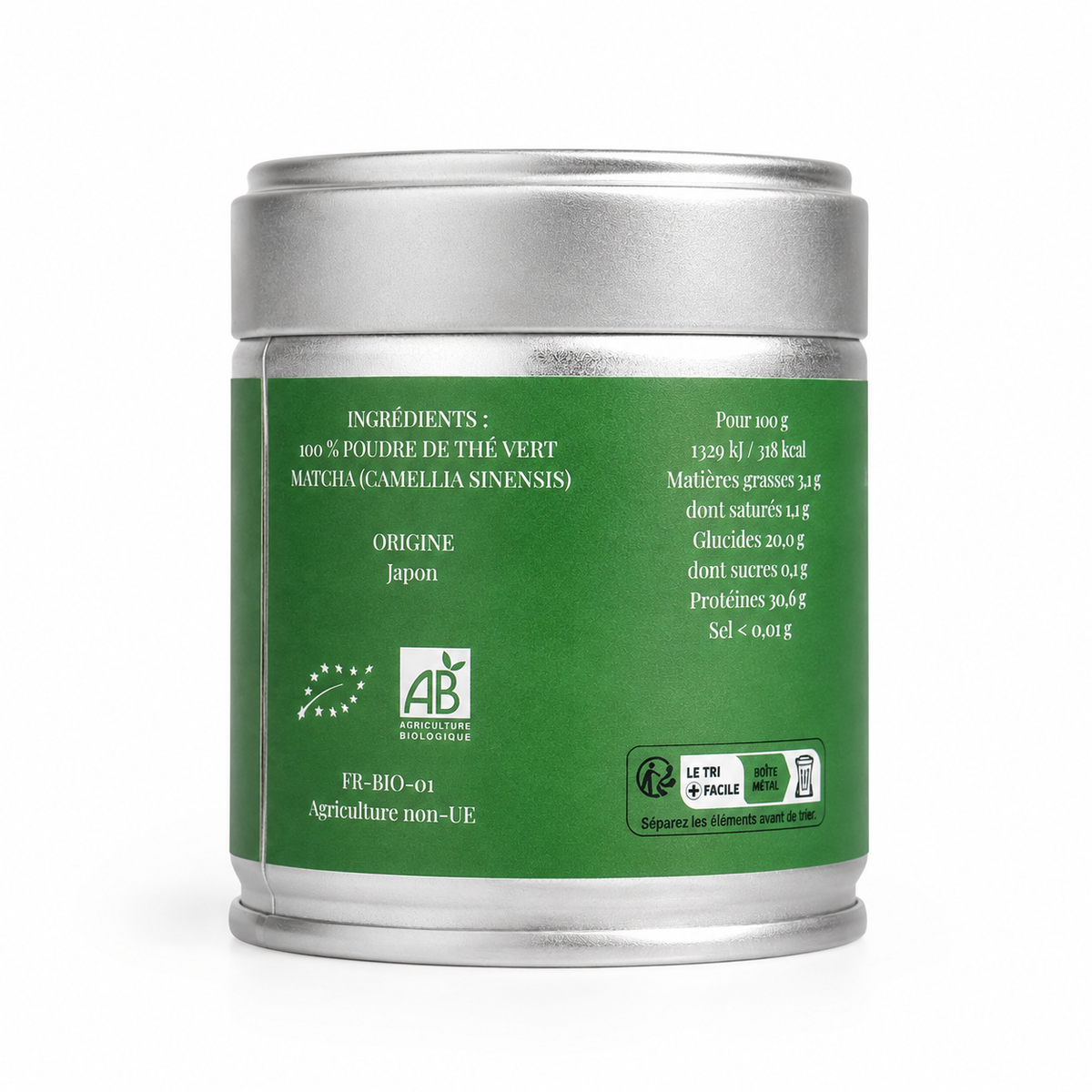 Boîte en métal de poudre de thé vert matcha biologique originaire du Japon