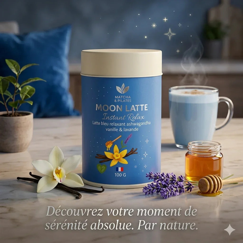 Boîte de Moon Latte bleu relaxant avec vanille, lavande, ashwagandha, miel et fleurs