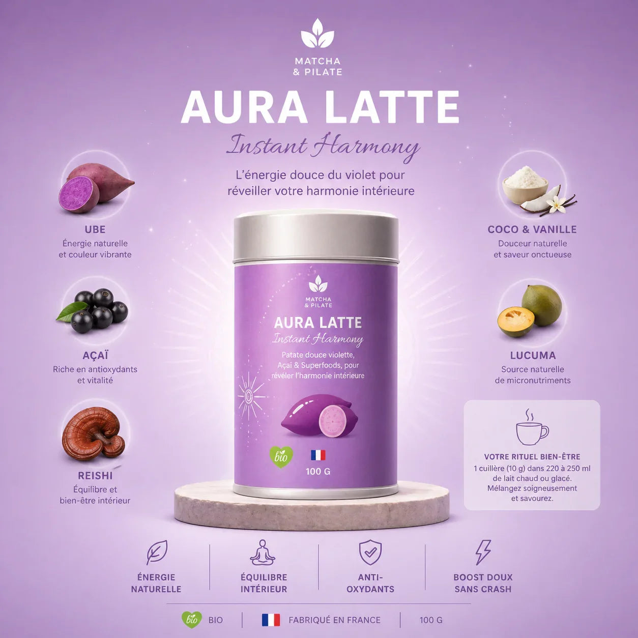 Boîte de Aura Latte Instant Harmony bio, 100g, superfoods violets avec ube, açaï, reishi, coco, vanille, lucuma, bien-être naturel.