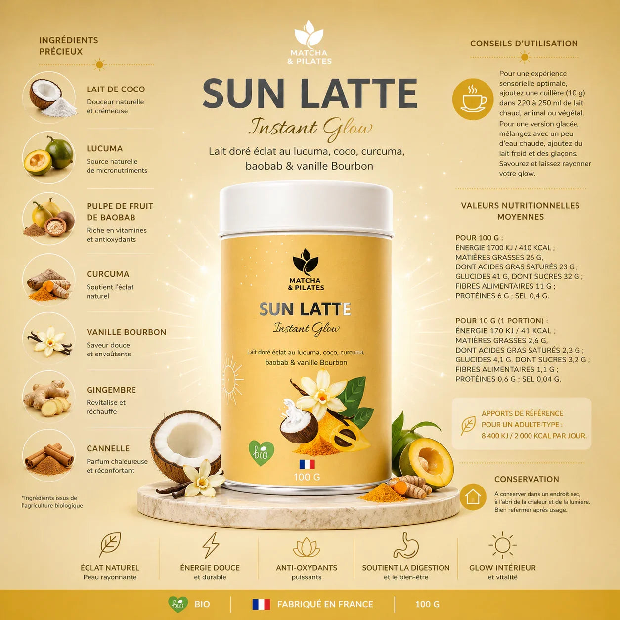 Boîte de Sun Latte Instant Glow avec ingrédients naturels comme coco, curcuma, lucuma et baobab, sur fond jaune, bien-être, bio.