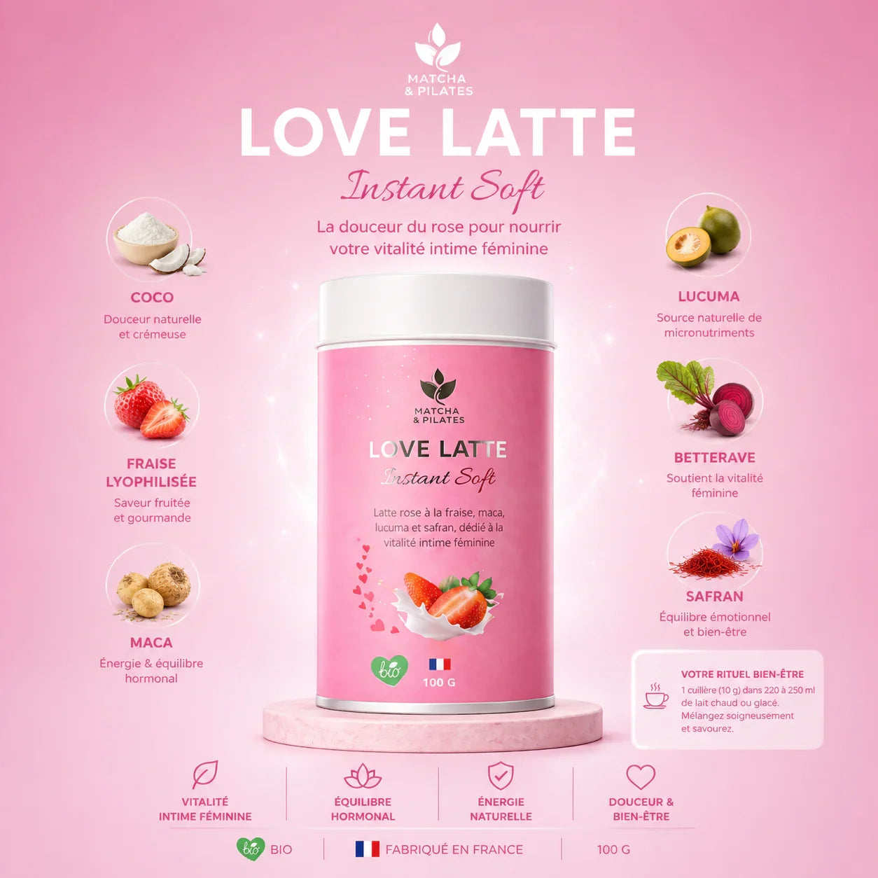 Love Latte Instant Soft Matcha & Pilates, boisson bien-être rose à la fraise, maca, coco et superaliments, soutien vitalité féminine, packaging rose 100g.