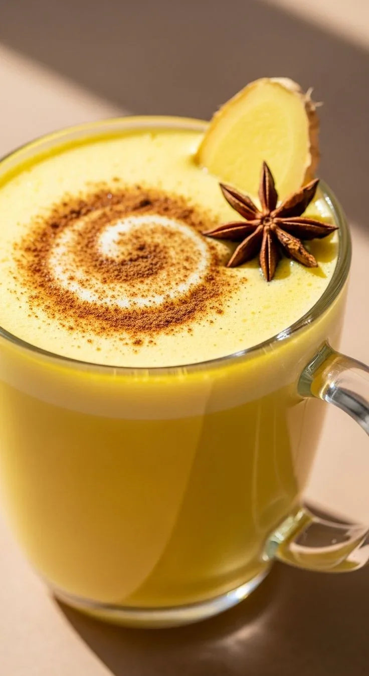 Lait doré curcuma dans une tasse, décoré de cannelle, anis étoilé et tranche de gingembre