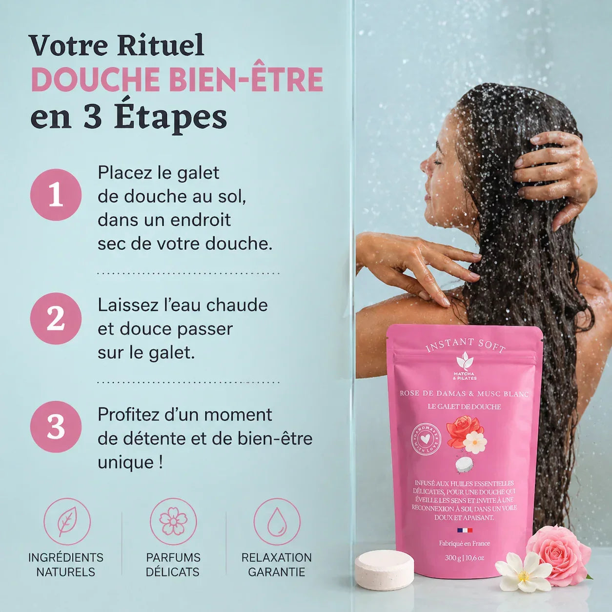 Rituel douche bien-être en 3 étapes avec galet de douche rose, femme sous la douche, relaxation, parfums naturels.