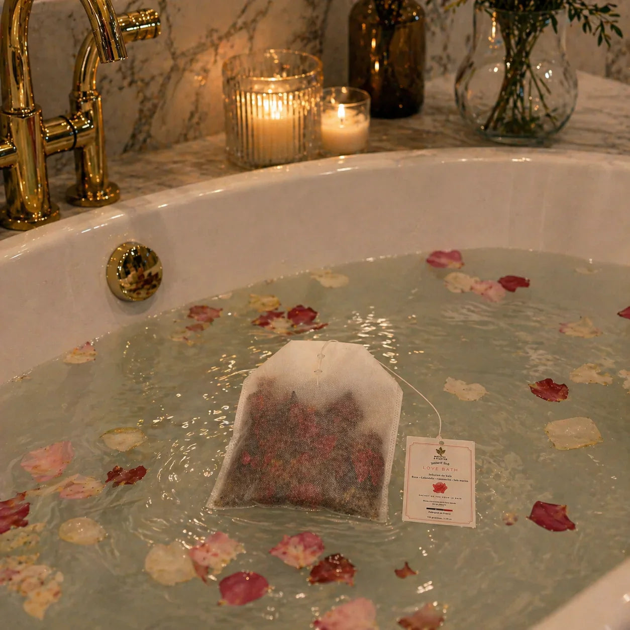 Bain relaxant avec sachet d'infusion, pétales de fleurs et bougies, ambiance bien-être