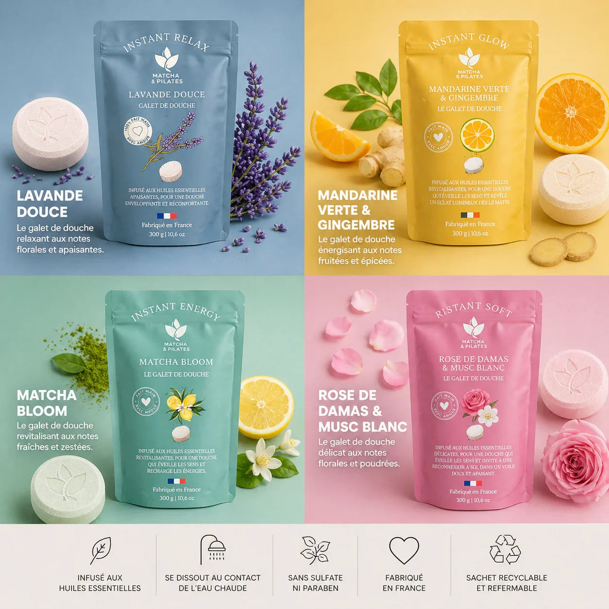 Quatre sachets de galets de douche Matcha & Pilates, parfumés lavande, mandarine, matcha, rose.