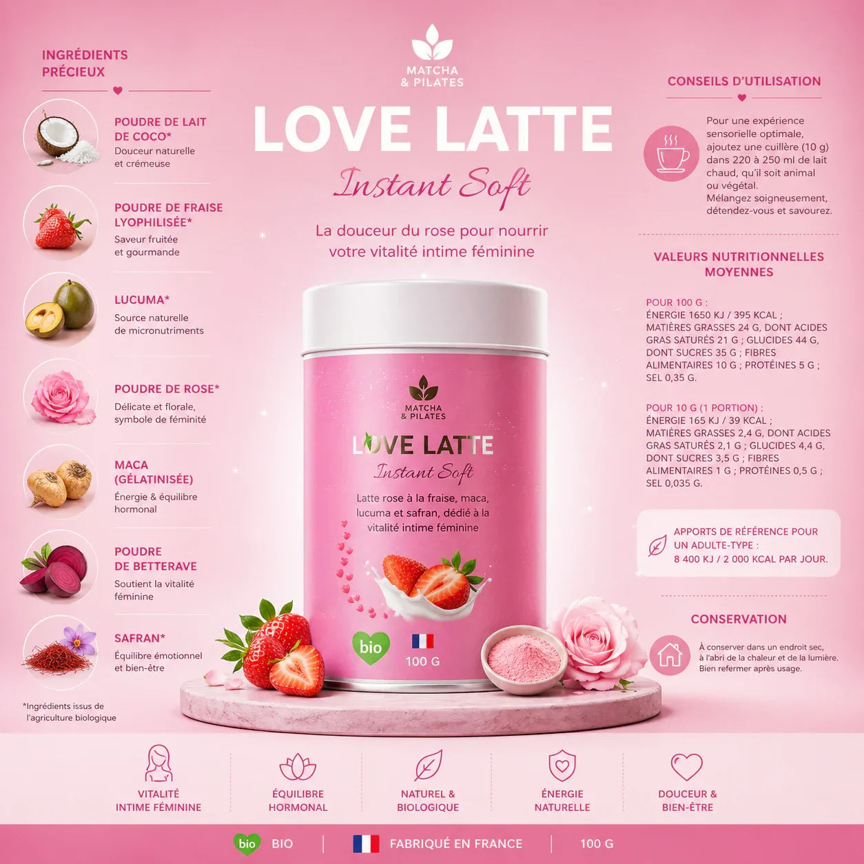 Boîte rose Love Latte aux ingrédients naturels, fraises, rose et superaliments, spécial bien-être féminin.