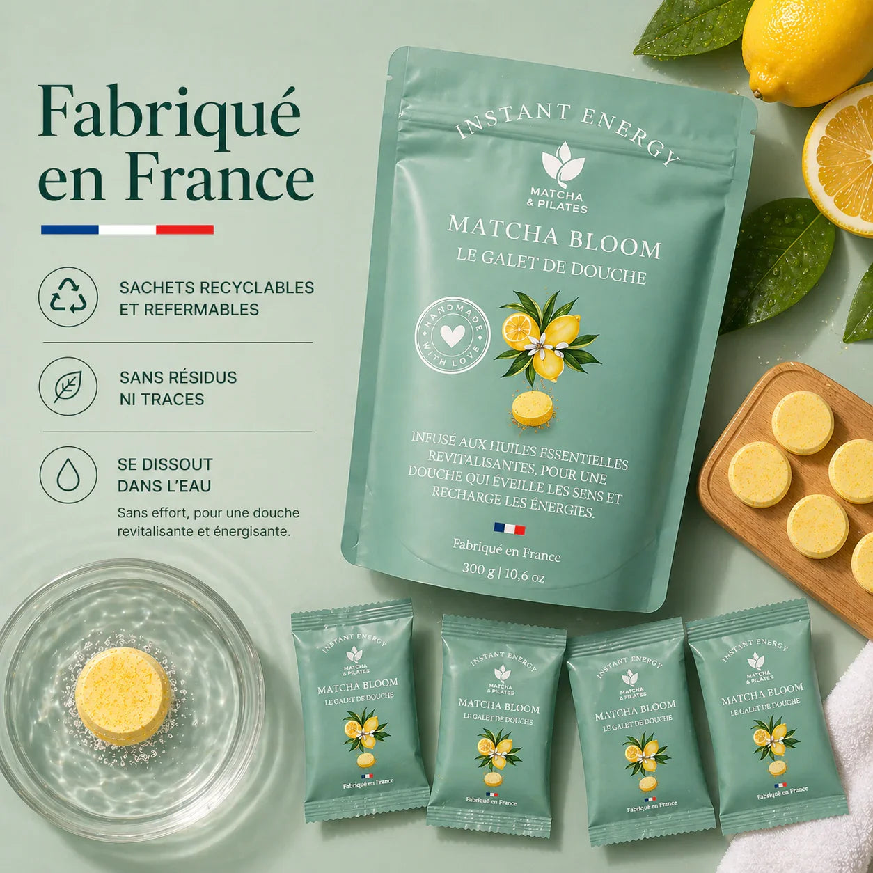 Matcha Bloom | Galets de Douche Thé Vert & Citron (Artisanal France)