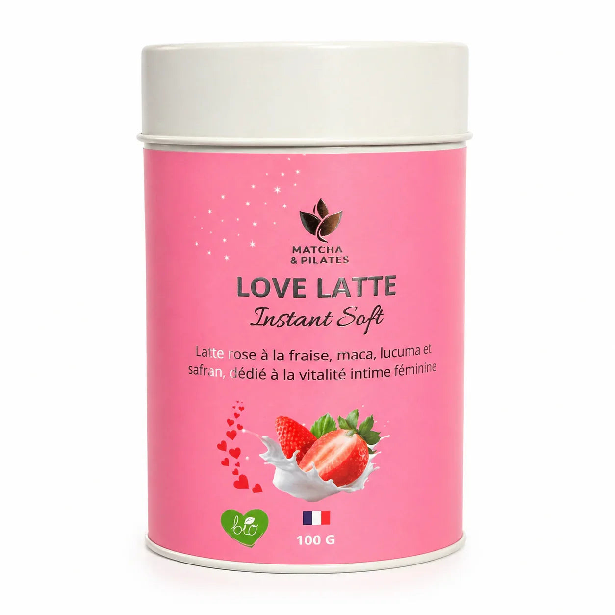 Boîte rose de Love Latte Instant Soft 100g, latte à la fraise, bien-être féminin bio.