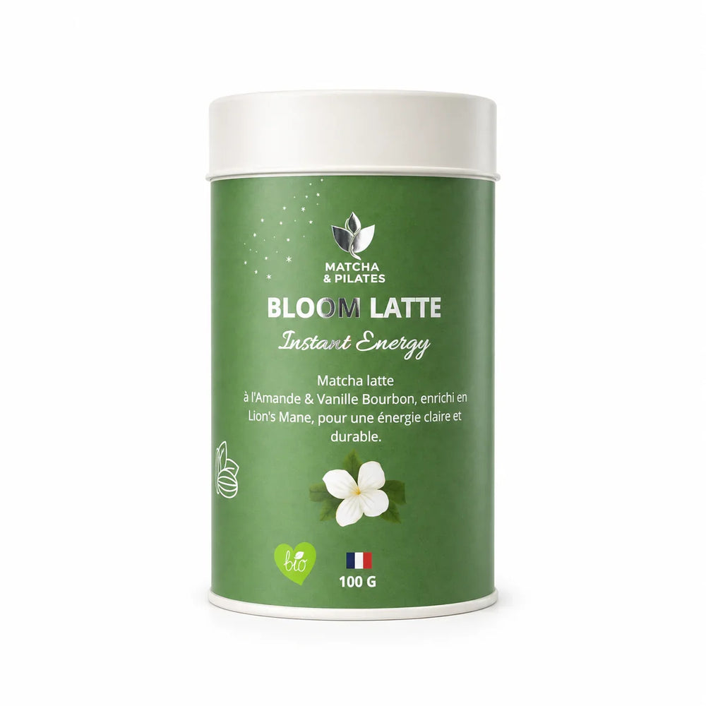 Boîte de Bloom Latte Matcha instantané à l'amande et vanille Bourbon, 100g.